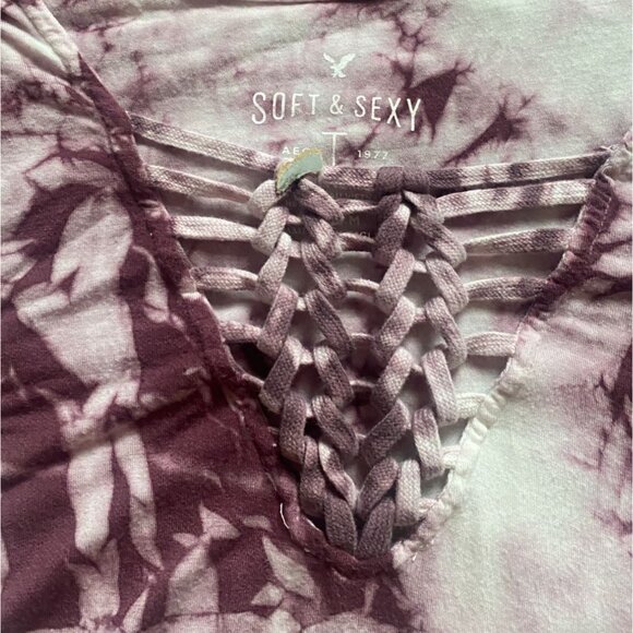 American Eagle Soft & Sexy Tie-Dye Long Sleeve Shirt-Braided Neckline-Purple-M - Picture 4 of 7